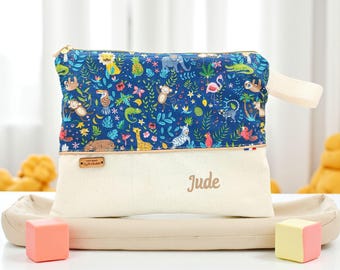 Personalized toiletry bag, birth gift, baby child gift, personalized fleece pouch, jungle animals