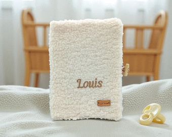 Personalized baby health record book cover with name, sheepskin fabric, fluffy, sherpa, personalized birth gift