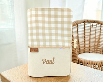 Personalized baby health record book cover - Beige gingham check pattern, Handmade health record book cover - Personalized baby gift