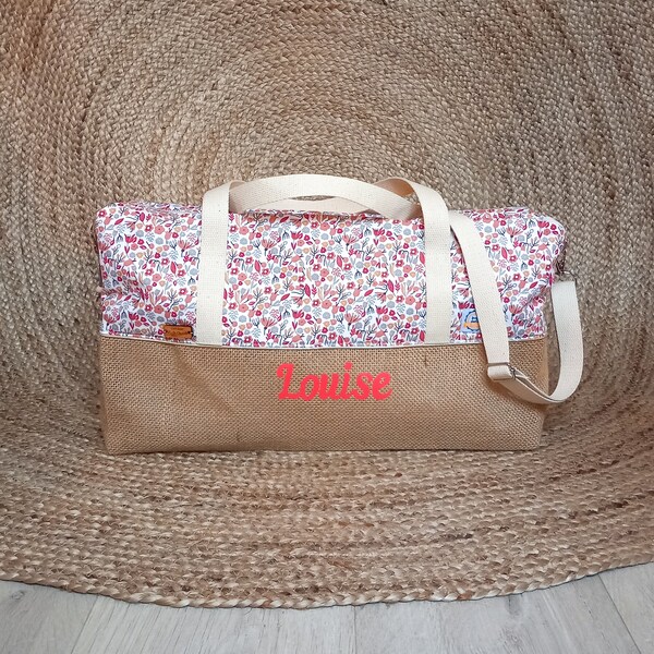 Sac à langer personnalisé, petites fleurs liberty, molletonné en toile de jute