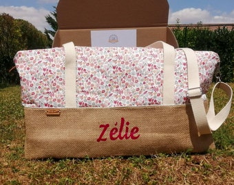 Sac à langer personnalisé, petites fleurs liberty, molletonné en toile de jute