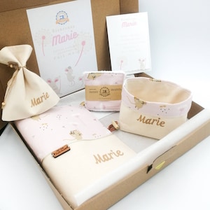 Personalized baby girl birth gift with first name, little mice and dandelions, health record cover, washable wipes