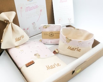 Personalized baby girl birth gift with first name, little mice and dandelions, health record cover, washable wipes