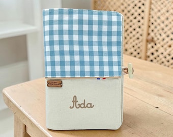 Personalized baby health record book cover with name, gingham pattern, handmade baby gift