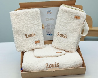 Personalized baby gift set, sherpa fleece fabric, baby backpack, health record book cover and toiletry bag