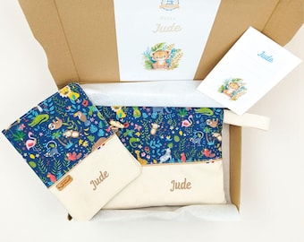 Personalized baby birth box, savannah animals, jungle animals, health record cover and toiletry bag, Christmas gift