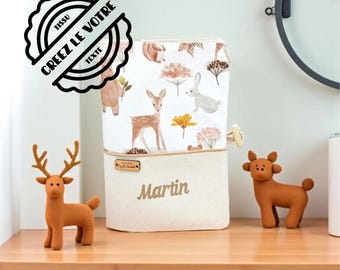 Personalized baby health record book cover with name, forest animals, deer, bears and rabbits.