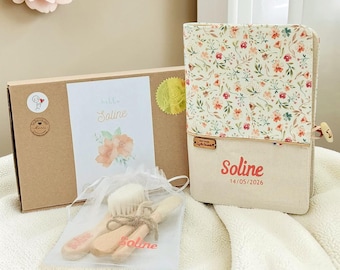 Personalized baby gift set – Coral pink floral health record book cover with hairbrush and wooden cutlery set