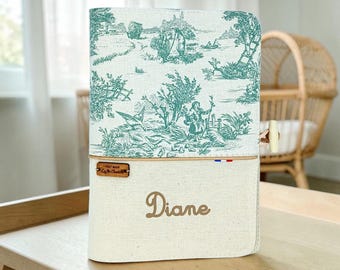 Personalized baby health record book cover - green toile de jouy - Handmade health record book cover - Personalized baby gift