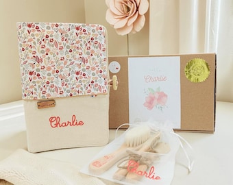 Personalized baby gift set – Floral pink and burgundy health record book cover with hairbrush and wooden cutlery set