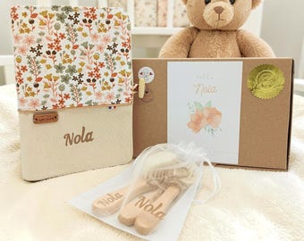Personalized baby gift set – Floral health record book cover with hairbrush and wooden cutlery set