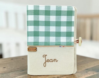 Personalized baby health record book cover - Olive green gingham pattern, Handmade health record book cover - Personalized baby gift
