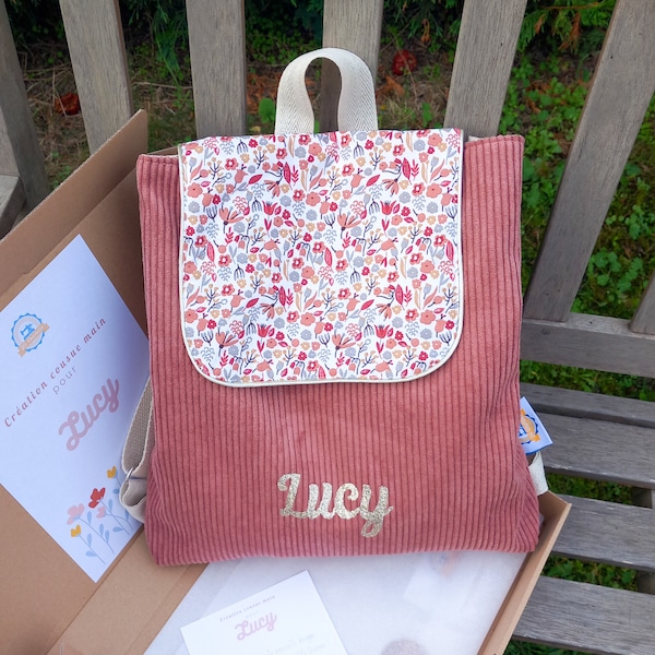 Sac à dos maternelle avec prénom, sac à dos crèche personnalisé, sac enfant nounou, sac à dos velours côtelé, cadeau naissance, fleuri