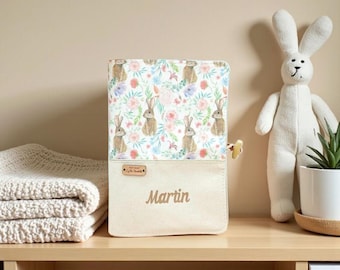 Personalized health record book cover with name, Wildflower Rabbits