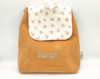Maternal backpack with first name, personalized nursery backpack, child nanny bag, corduroy backpack, double floral gauze