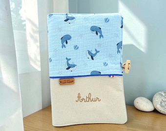 Personalized baby health record book cover with a sea theme - Double gauze health record book cover - Personalized baby gift with name
