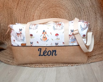 Sac à langer personnalisé, biches et renards, molletonné en toile de jute, garçon