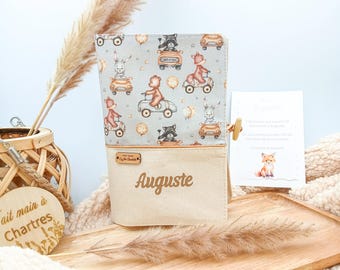 Personalized health record cover for baby boy, teddy bear and small animals in the car