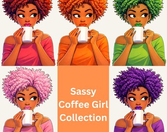 Sassy Coffee Girl-illustratiebundel | Zwarte vrouw koffie clipart | Moderne cartoon-afrokunst