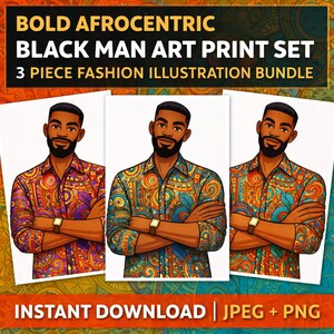 Bold Afrocentric Black Man Art Print Set Modern African Pattern Illustration Stylish Masculine Wall Art