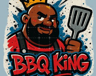 May include: A cartoon illustration of a Black man wearing a gold crown and holding a spatula. The text "BBQ KING" is in red and blue graffiti-style lettering. The background has blue and black paint splatters.