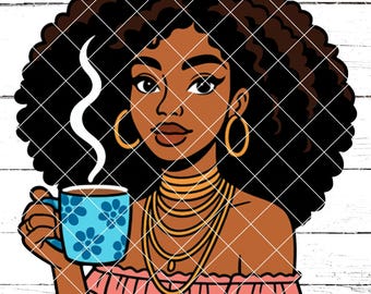Black Woman Coffee Clipart – Afro Hair, Gold Jewelry (PNG, JPEG)