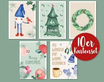 Weihnachtskartenset mit 10 Karten Postkarten Christmas Aquarell A6 Set Xmas