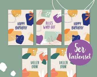 Jeu de cartes | 5 cartes postales | Joyeux anniversaire, Merci, tout ira bien | Merci | Carte d’anniversaire