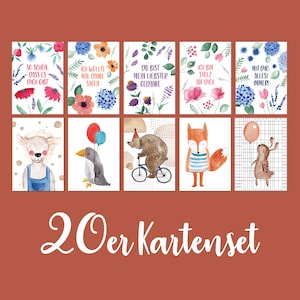 Kartenset TIERE und BLUMIGE BOTSCHAFTEN | 20 Postkarten A6 Aquarell Geburtstagskarte Freundschaft Danke Liebe