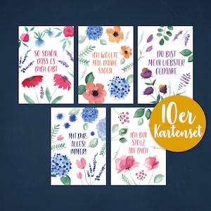 Kartenset BLUMIGE BOTSCHAFTEN | 10 Postkarten A6 Aquarell Geburtstagskarte Freundschaft Danke Liebe