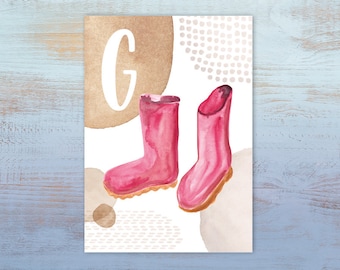 ABC-Karte "G wie Gummistiefel" | Buchstabenkarte | Postkarte A6 | Alphabet-Karte | Schulanfang | Namenskarte