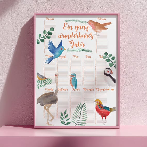 Wandkalender Poster A2 Alljahreskalender Kalender Print Druck Deko Wand Vogel Kalenderposter Poster
