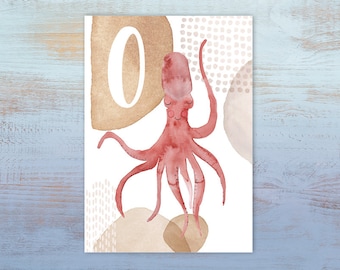 ABC-Karte "O wie Oktopus" | Buchstabenkarte | Postkarte A6 | Alphabet-Karte | Schulanfang | Namenskarte