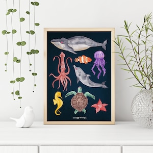 Meeresposter A3 fürs Kinderzimmer Junge Mädchen Print Druck Deko Wand Kinder Kind Tiere Meerestiere Wal Delphin