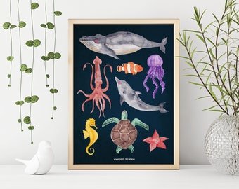 Affiche mer A3 pour chambre d'enfant garçon fille impression décoration murale enfants enfant animaux créatures marines baleine dauphin