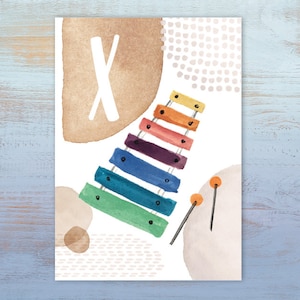 ABC-Karte "X wie Xylophon" | Buchstabenkarte | Postkarte A6 | Alphabet-Karte | Schulanfang | Namenskarte
