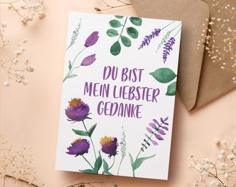 Carte de vœux « Tu es ma pensée la plus chère » Carte postale A6 Aquarelle Amitié Amour Message