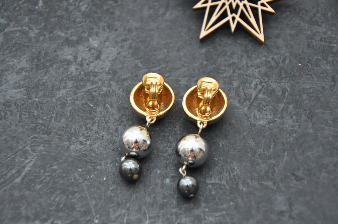Vintage drop and dangle clip on earrings Black silver and gold Etsy