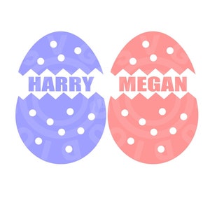 May include: Two cracked Easter eggs, one blue with the name "HARRY" and one pink with the name "MEGAN".