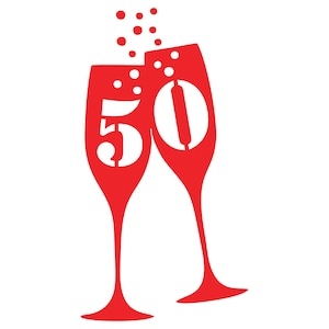 50 cumpleaños / aniversario Copas de champán Rojo SVG Pdf PNG JPEG Bubbly Prosecco Gafas Imprimible Archivo de corte Invitaciones a fiestas