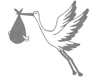 May include: A gray stork carrying a gray baby in a bag. The stork is flying with its wings spread out.
