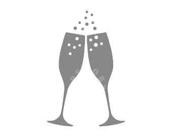 May include: Two grey champagne flutes clinking together with a burst of bubbles above them.