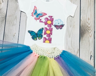Butterfly First Birthday Outfit: Baby Girl Tutu, Personalized Onesie