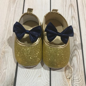 Gold Glitter Baby Shoes: Navy Bow, First Birthday