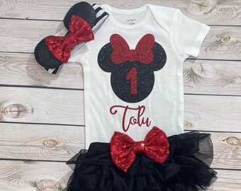 Minnie Mouse 1st Birthday Outfit: Red Sequin Bow, Tutu, and Ears