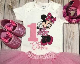 Minnie Mouse 1st Birthday Outfit: Personalized Shirt, Pink Tutu & Shoes