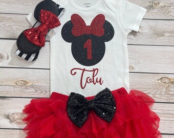 Vestito per il primo compleanno di Minnie Mouse: tutù rosso, orecchie, tutina personalizzata
