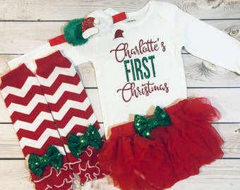 Personalized Baby Girl First Christmas Outfit, Carter's Onesie, Headband, Leg Warmers, Bloomers