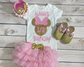 Minnie Mouse 1/2 birthday outfit| Cake smash outfit| Half birthday outfit| six month birthday| Minnie Mouse girl| pink bloomers