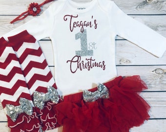 Baby girl first Christmas outfit| newborn 1st Christmas outfit girl| baby girl 1st Christmas shirt| first outfit Christmas red & silver|